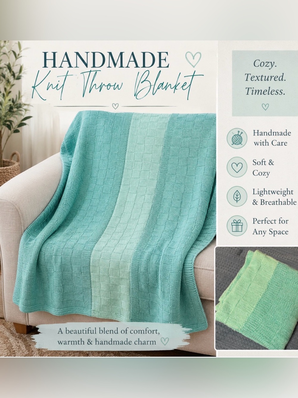 Handmade Knit Throw Blanket  Green Tones Size 50x57”